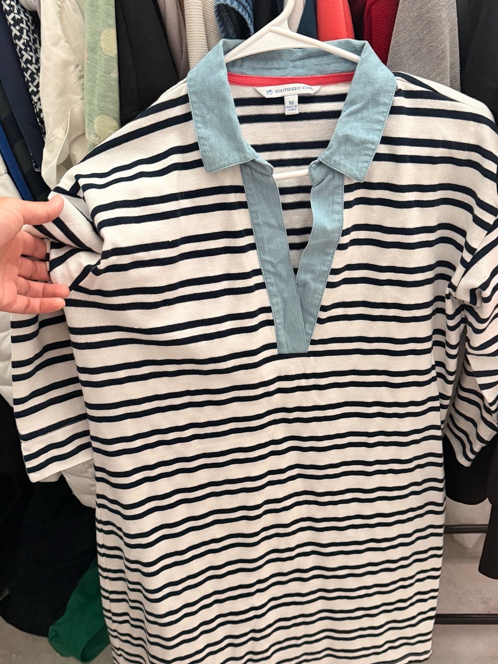 Southern Tide Navy and White Striped Polo Dress with Light Blue Collar